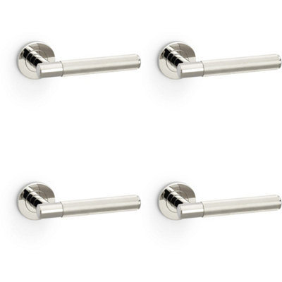 4 PACK - SOLID BRASS Reeded Door Handle Set - Polished Nickel Straight Lever Round Rose