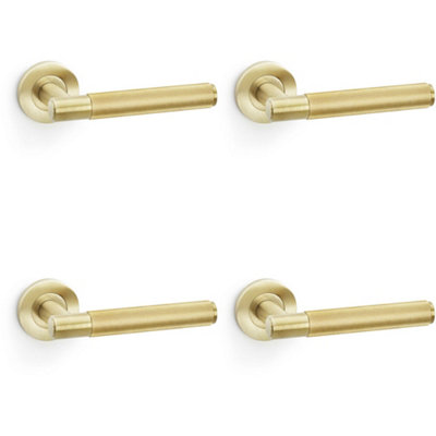 4 PACK - SOLID BRASS Reeded Door Handle Set - Satin Brass Straight Lever on Round Rose