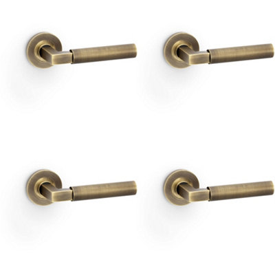 4 PACK - SOLID BRASS Smooth Door Handle Set - Antique Brass Angled Lever on Round Rose