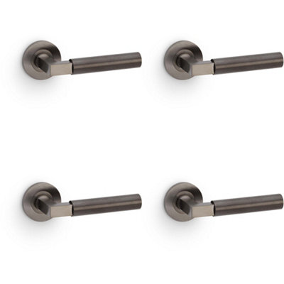 4 PACK - SOLID BRASS Smooth Door Handle Set - Dark Bronze Angled Lever on Round Rose