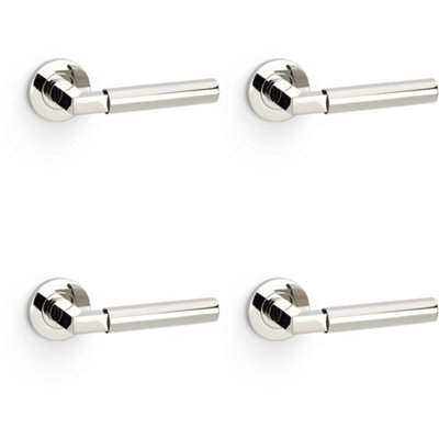 4 PACK - SOLID BRASS Smooth Door Handle Set - Polished Nickel Angled Lever on Round Rose