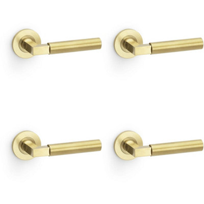 4 PACK - SOLID BRASS Smooth Door Handle Set - Satin Brass Angled Lever on Round Rose