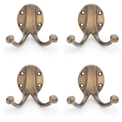 4 PACK - SOLID BRASS Traditional Double Robe Hook - Wall Mounted Holder - Antique Bronze