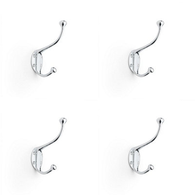 4 PACK - SOLID BRASS Traditional Hat & Coat Hook - Wall Mounted Holder - Polished Chrome