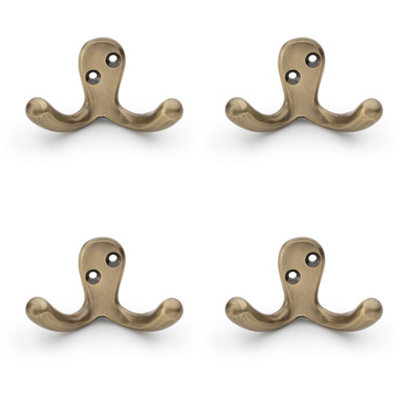 4 PACK - SOLID BRASS Victorian Double Robe Coat Hook - Wall Mounted Holder Antique Brass