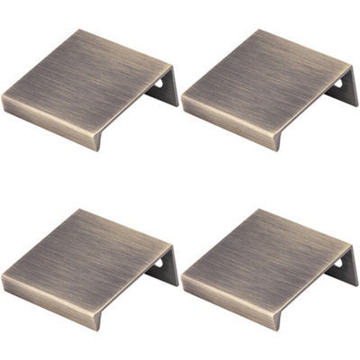 4 PACK - Square Edge Finger Pull Handle - Antique Brass 40mm - Slim Cupboard Drawer