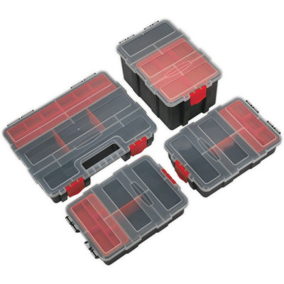 4 Pack Stackable Tool Storage Cases - Durable Black and Red Organization Boxes