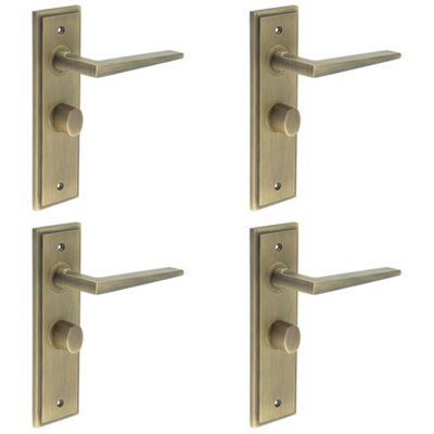 4 PACK Stepped Antique Brass Bathroom Door Handle with Backplate and Turn Release - Solid Brass Interior Handle