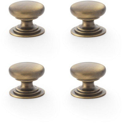 4 PACK - Stepped Round Door Knob - Antique Brass 25mm Classic Kitchen Cabinet Pull Handle