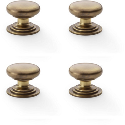 4 PACK - Stepped Round Door Knob - Antique Brass 38mm Classic Kitchen Cabinet Pull Handle