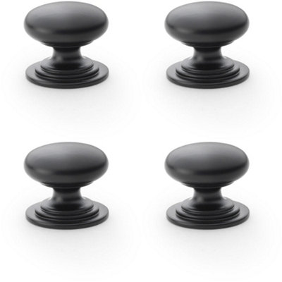 4 PACK - Stepped Round Door Knob - Matt Black 25mm Classic Kitchen Cabinet Pull Handle