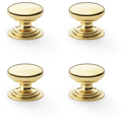 4 PACK - Stepped Round Door Knob Polished Brass 25mm Classic Kitchen Cabinet Pull Handle