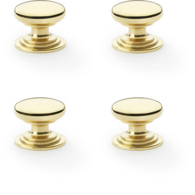 4 PACK - Stepped Round Door Knob Polished Brass 32mm Classic Kitchen Cabinet Pull Handle