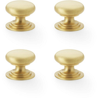 4 PACK - Stepped Round Door Knob - Satin Brass 25mm Classic Kitchen Cabinet Pull Handle