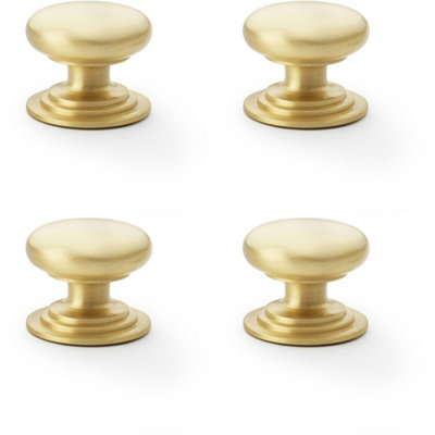4 PACK - Stepped Round Door Knob - Satin Brass 38mm Classic Kitchen Cabinet Pull Handle