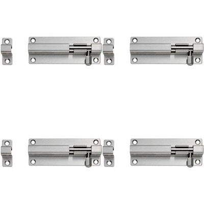 4 PACK - Straight Barrel Surface Mounted Sliding Door Bolt Lock 100mm x 38mm Bright Steel