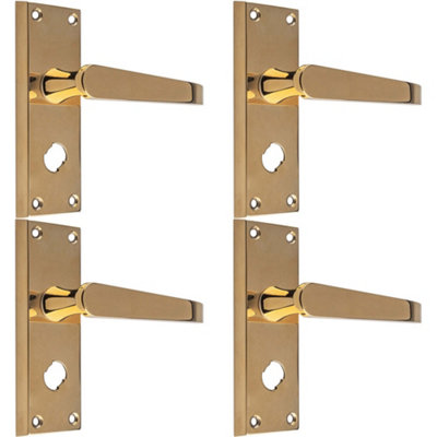 4 PACK - Straight Victorian Bathroom Latch Door Handle - Polished Brass Lever Backplate