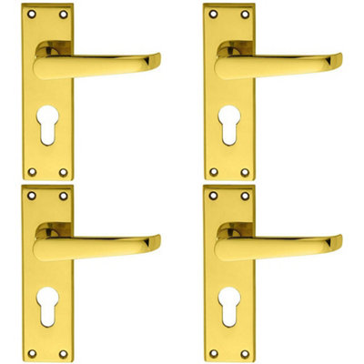 4 PACK - Straight Victorian Latch & EURO Lock Door Handle Polished Brass Lever Backplate