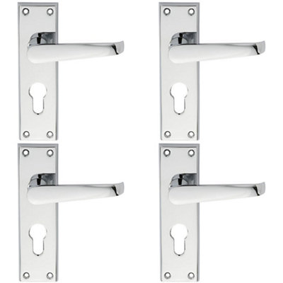 4 PACK - Straight Victorian Latch & EURO Lock Door Handle Polished Chrome Lever Backplate
