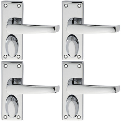 4 PACK - Straight Victorian Privacy Latch Door Handle - Polished Chrome Lever Backplate
