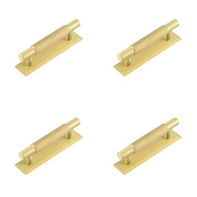4 PACK Stylish 96mm Satin Brass Cabinet Handle with Stepped Backplate Kitchen Drawer - Pull Handle