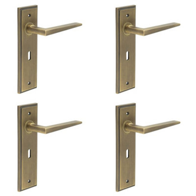 4 PACK Stylish Antique Brass Door Handle Lock Backplate for Modern Homes - Solid Brass Interior Handle