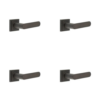 4 PACK Stylish Dark Bronze Square Door Handle with Stepped Rose Design - Solid Brass Interior Handle