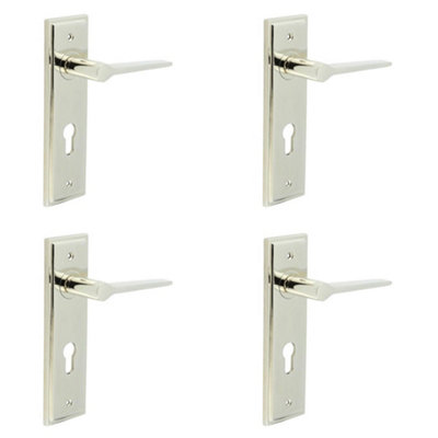 4 PACK Stylish Euro Backplate Door Handle in Polished Nickel - Solid Brass Interior Handle
