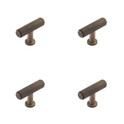 4 PACK Stylish Knurled T Bar Cupboard Knob in Antique Brass Finish - Kitchen Cabinet Knob