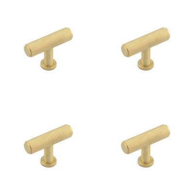 4 PACK Stylish Knurled T Bar Cupboard Knob in Satin Brass for Modern Interiors - Kitchen Cabinet Knob
