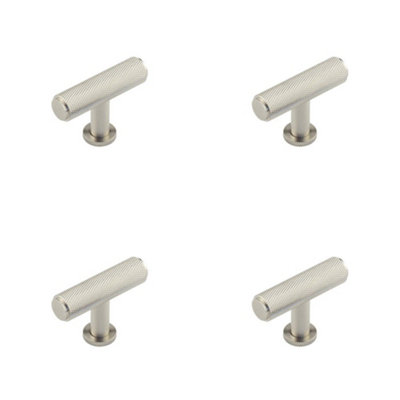 4 PACK Stylish Knurled T Bar Cupboard Knob in Satin Nickel Finish - Kitchen Cabinet Knob
