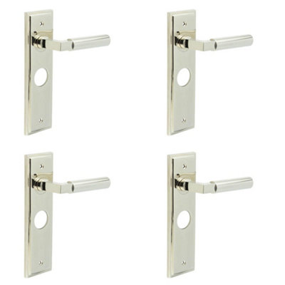 4 PACK Stylish Polished Nickel Bathroom Door Handle with Backplate - Solid Brass Interior Lever