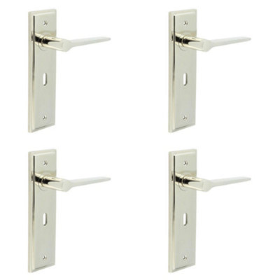 4 PACK Stylish Polished Nickel Door Handle Lock Backplate for Modern Homes - Solid Brass Interior Handle