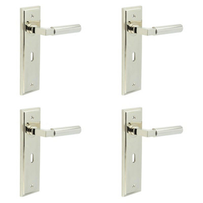 4 PACK Stylish Polished Nickel Door Handle Lock Backplate for Modern Homes - Solid Brass Interior Lever