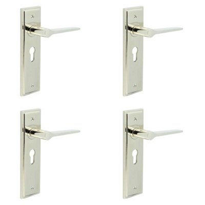 4 PACK Stylish Polished Nickel Door Handle with Euro Backplate - Solid Brass Interior Handle