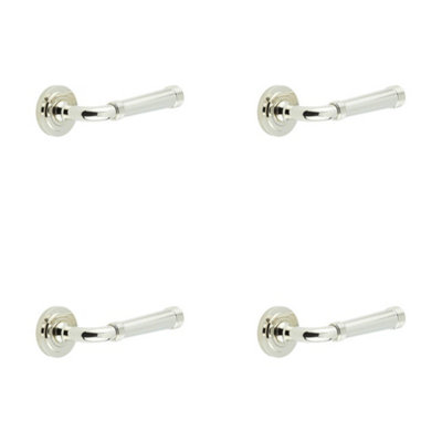 4 PACK Stylish Polished Nickel Door Handle with Stepped Rose Design - Solid Brass Interior Handle