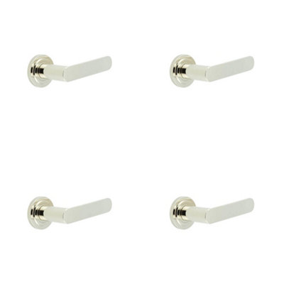 4 PACK Stylish Polished Nickel Door Handle with Stepped Rose Design - Solid Brass Interior Toilet Handle