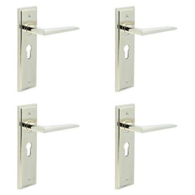 4 PACK Stylish Polished Nickel Euro Door Handle with Backplate - Solid Brass Interior Handle