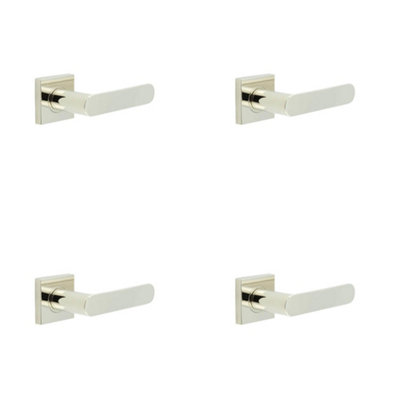 4 PACK Stylish Polished Nickel Square Door Handle with Sprung Lever - Solid Brass Interior Handle