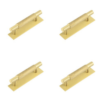 4 PACK Stylish Satin Brass Cabinet Handle with 96mm Ctrs and Plain Backplate - Kitchen Drawer Pull Handle
