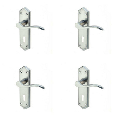 4 PACK Stylish Satin Chrome Suite Door Handle with Lockplate for Modern Interiors - Interior Lever on Backplate