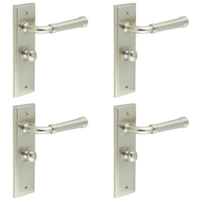 4 PACK Stylish Satin Nickel Bathroom Door Handle with Backplate and Turn Release - Solid Brass Interior Handle