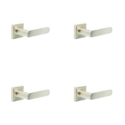 4 PACK Stylish Satin Nickel Door Handle with Square Stepped Rose - Solid Brass Interior Handle