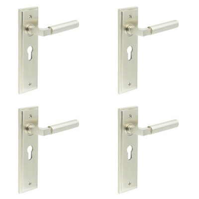 4 PACK Stylish Satin Nickel Euro Backplate Door Handle for Modern Homes - Solid Brass Interior Lever