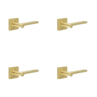 4 PACK Stylish Square Plain Rose Door Handle in Satin Brass Finish - Solid Brass Interior Handle