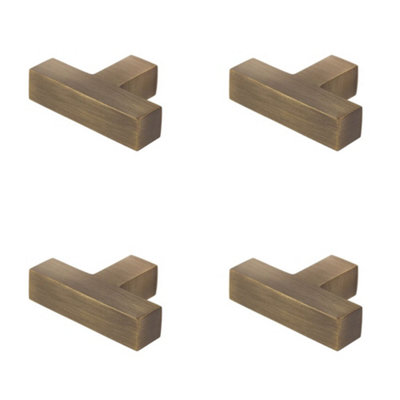 4 PACK Stylish T Bar Square Cupboard Knob in Antique Brass Finish - Kitchen Cabinet Knob