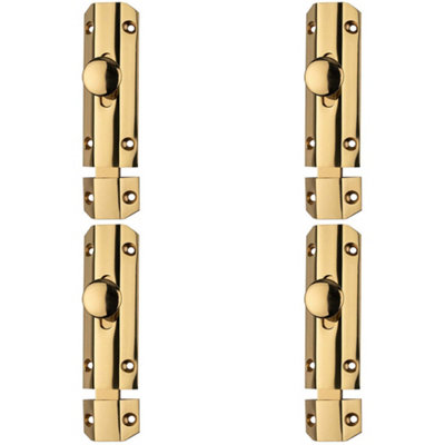 4 PACK - Surface Mounted Flat Sliding Door Bolt Lock 102mm x 36mm Polished Brass