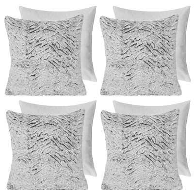 4 Pack Two Tone Faux Fur Fleece Filled Cushion Covers, Grey - 45 x 45cm