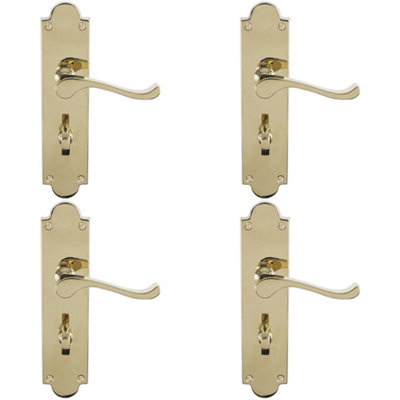 4 PACK - Victorian Bathroom Latch Door Handle - Polished Brass Lever On Shaped Backplate