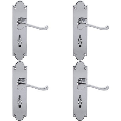 4 PACK - Victorian Bathroom Latch Door Handle - Polished Chrome Lever On Shaped Backplate